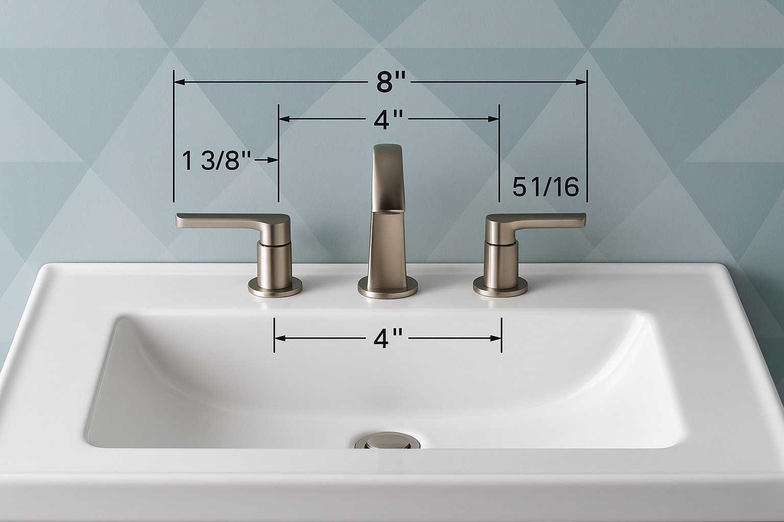Plan and section view of three-hole sink deck with widespread faucet, hot/cold valves, and spout